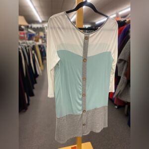Mon Ami Ladies Lg White Teal Gray Tunic